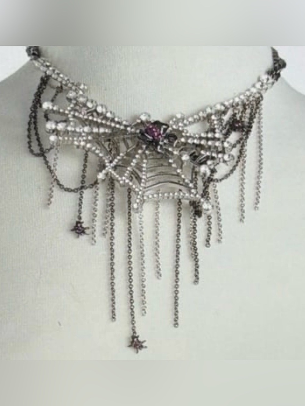BETSEY JOHNSON Halloween Crystal-Studded Web with Dangling Spiders Necklace NWT